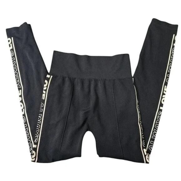 High Rise Black Leggings | M/L | LOVE ALWAYS Side Stripe | Stretchy Yoga Fit - Picture 10 of 10
